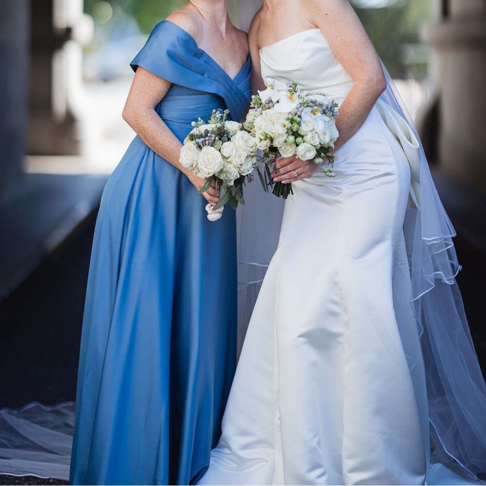 Asos edition satin bardot maxi dress with full skirt in dusky blue size 4 & 6 - Picture 3 of 4